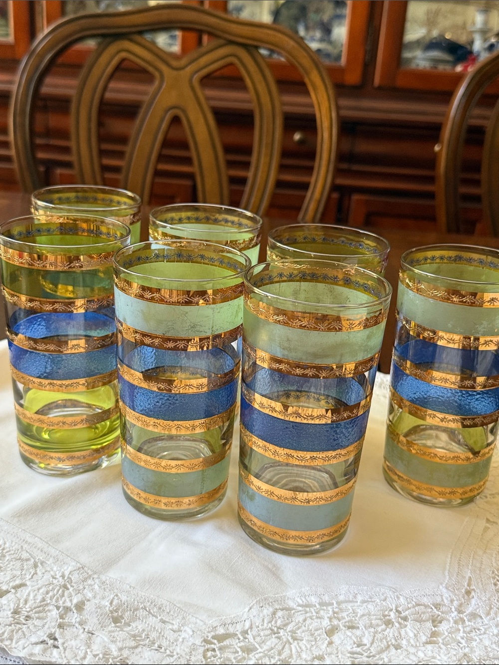 Mid Century Culver Rondo Highball set of 7 glasses band of blue green 22k gold